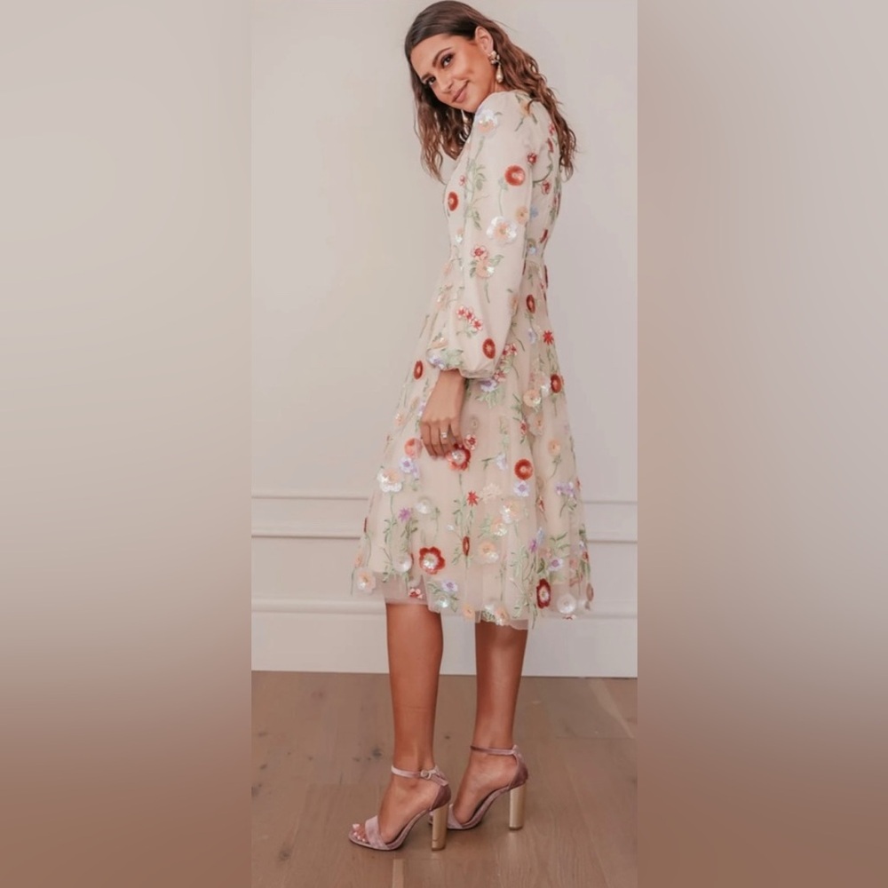 JessaKae Floral Embroidered Cream Midi Dress with Red & Pink Accents